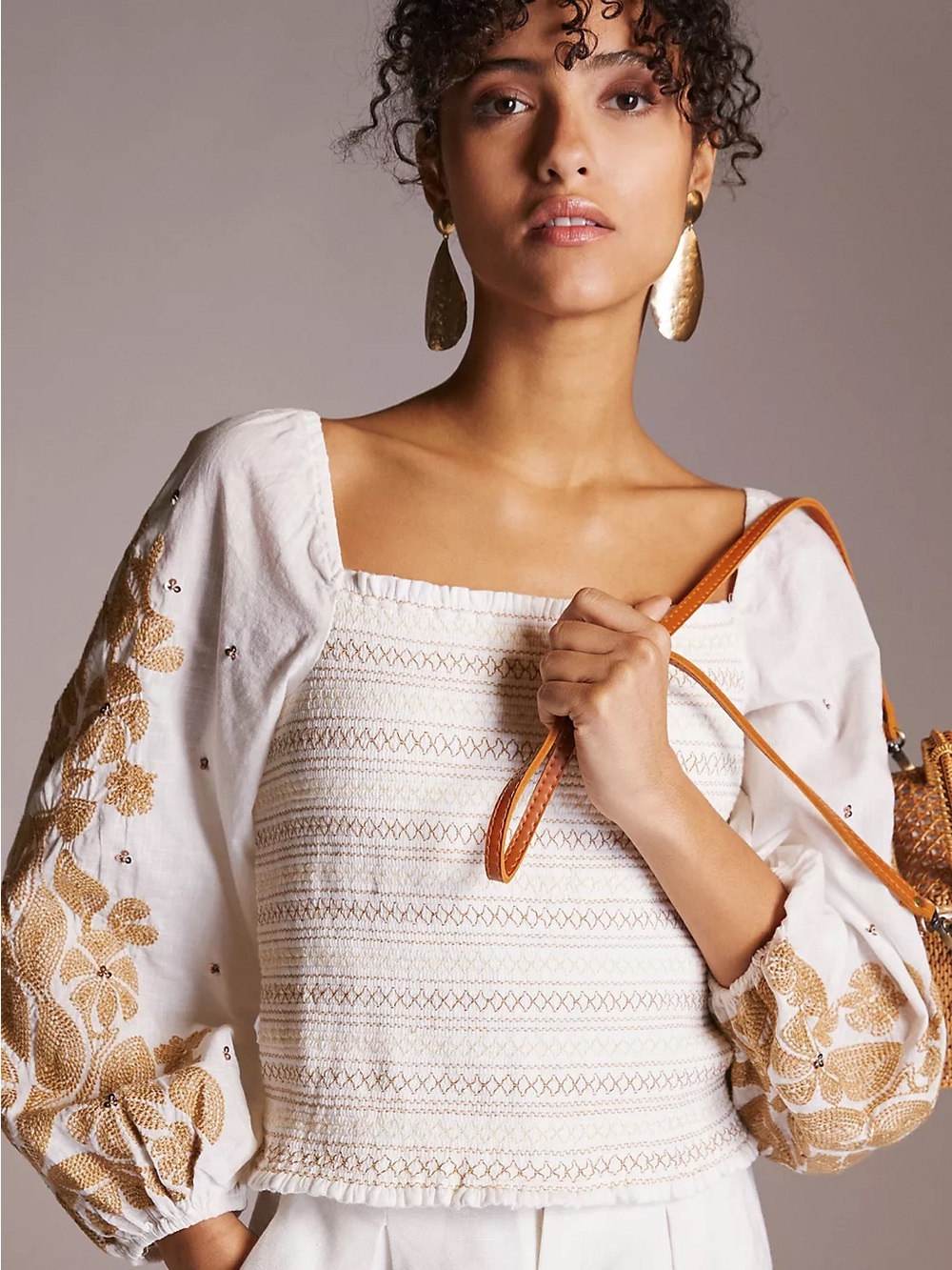 Anthropologie Smocked Embroidered Top
